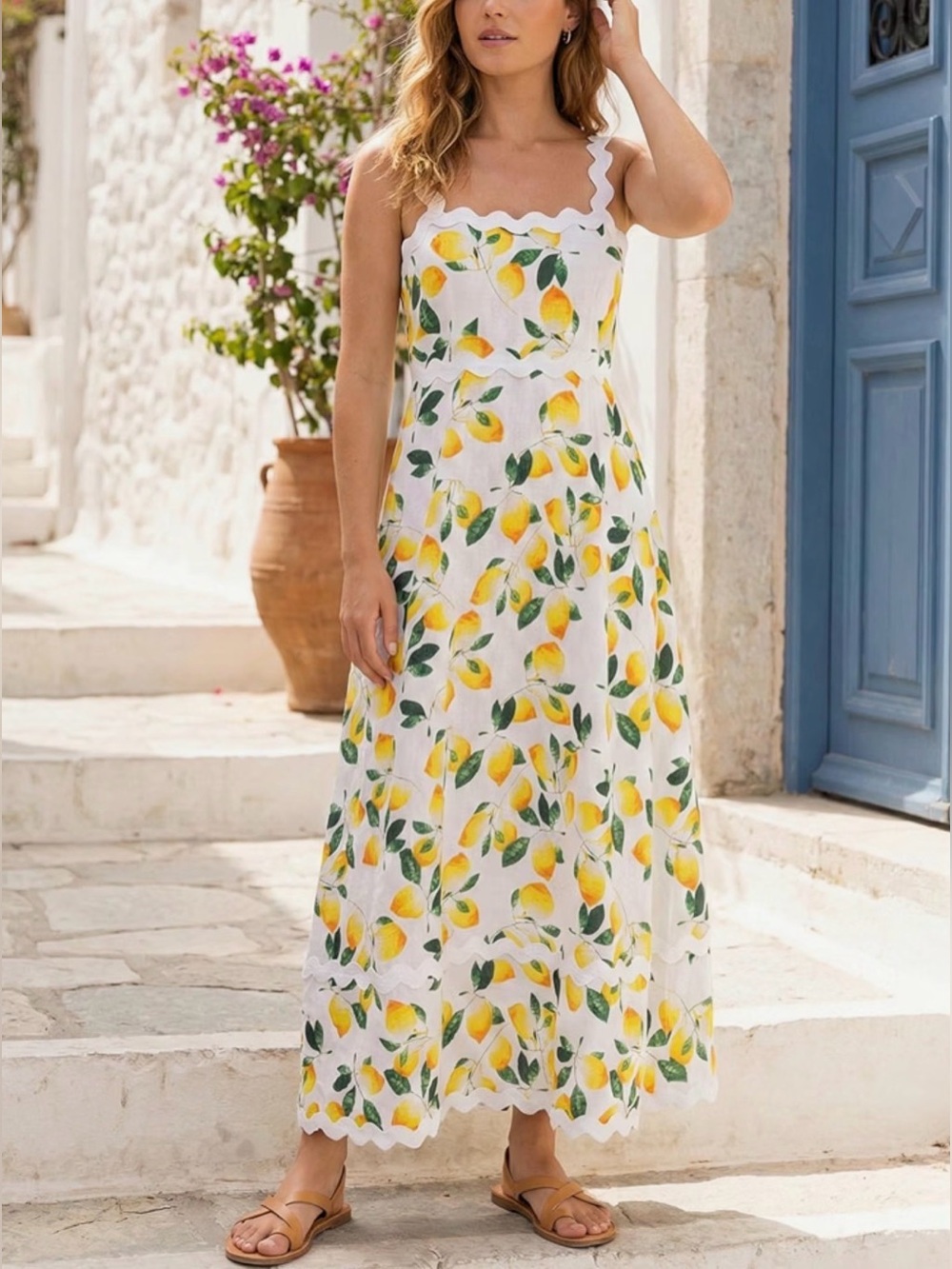 White & Lemon Print Maxi Dress